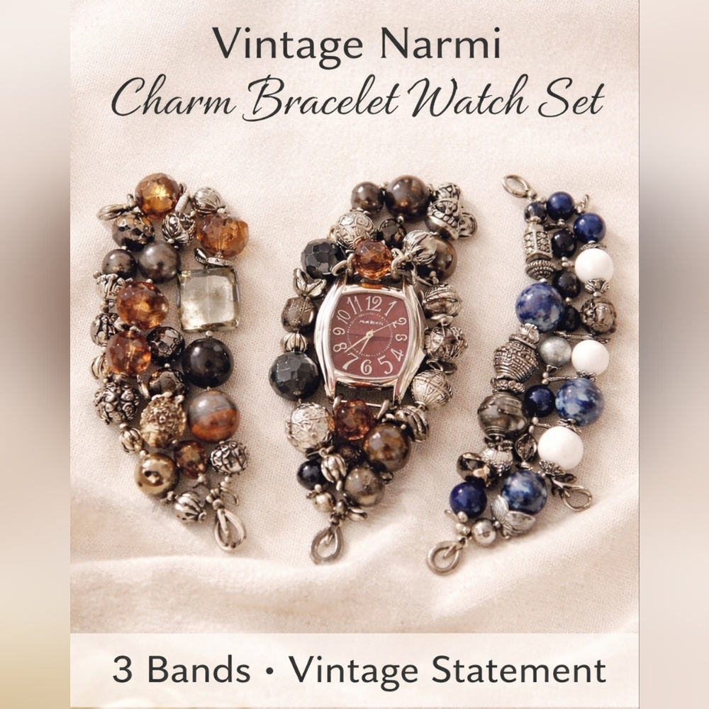 Vintage Narmi Charm Bracelet Watch Set | 3 Interchangeable Bands Statement